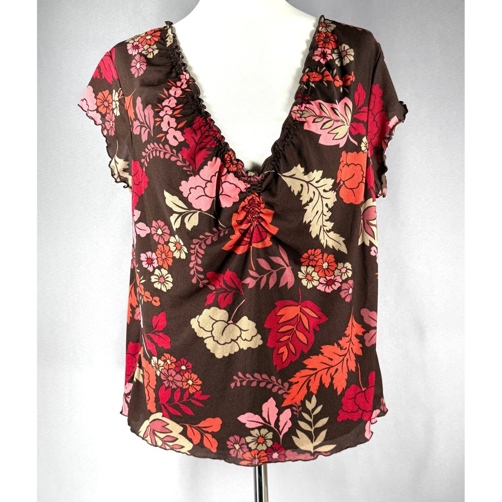 Womens Floral Brown Top Size XXL Ruched Baby Doll Short Sleeve Blouse Y2K Fairy